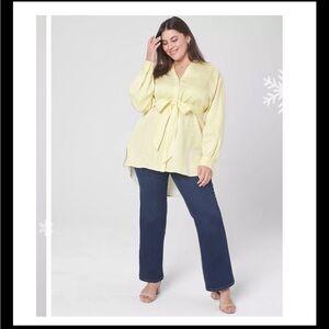 Lane Bryant Yellow Striped Belted Button Up Tunic Top 14 Tencel Long Sleeve R-10